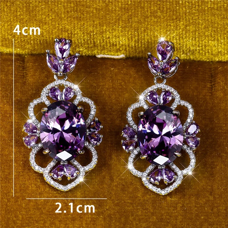 Female Crystal Purple Zircon Stone Stud Earrings Vintage Silver Color Wedding Jewelry For Women