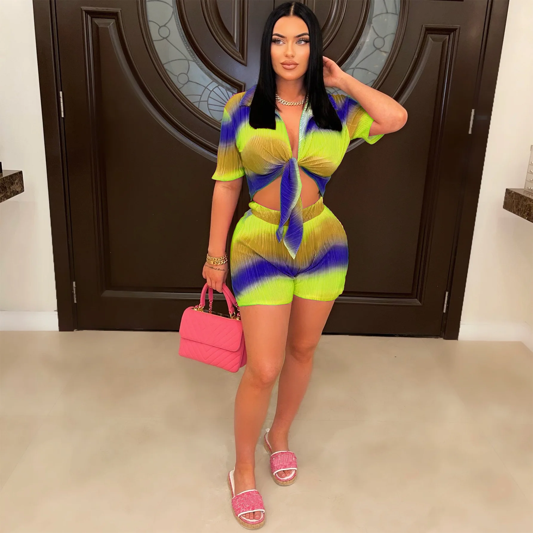 

2025 Fashion Women's Sexy Fashion Shorts Set Gradual Change Color Printing Two-piece Set High Waist Lapel