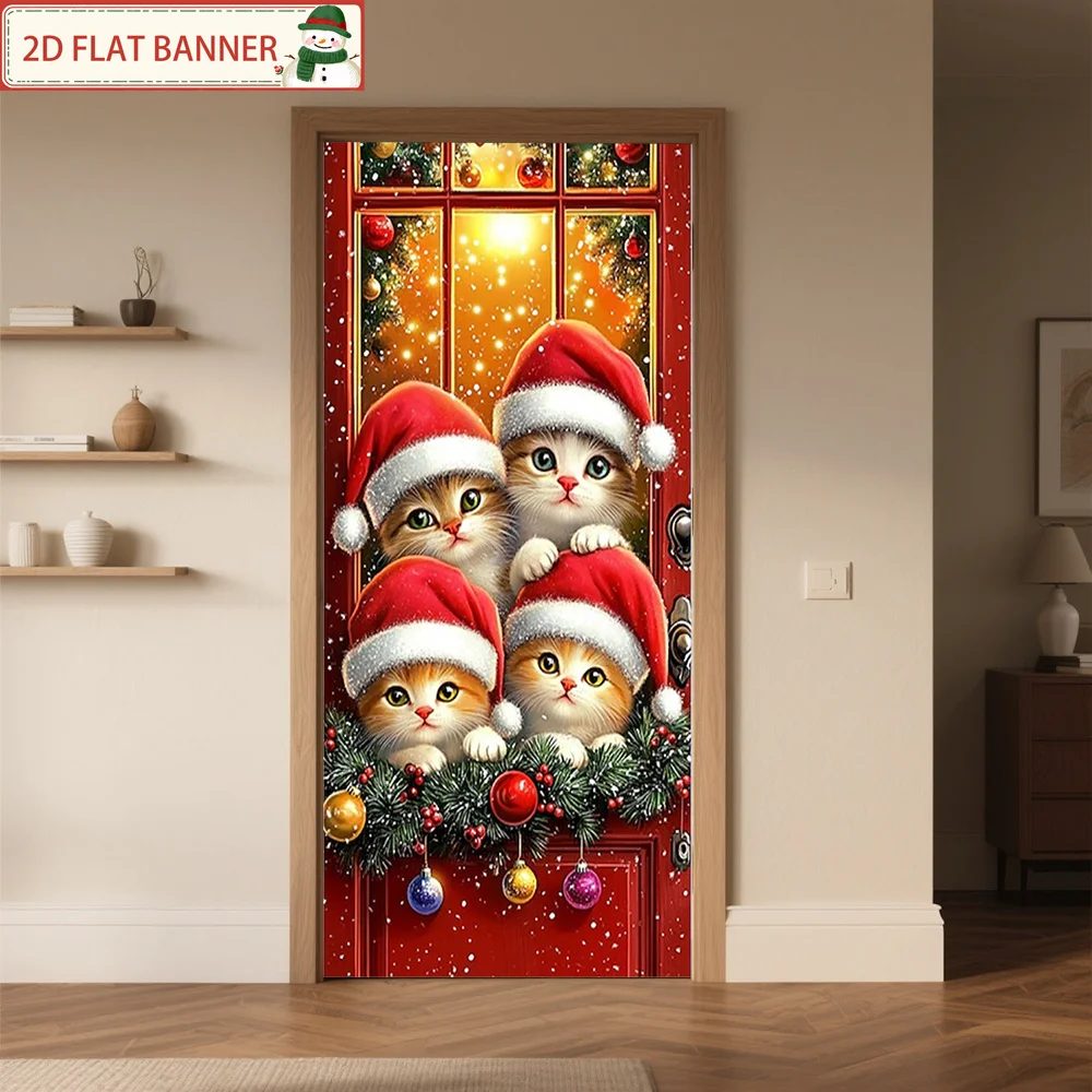 1 Stück 2D flach Vier süße kleine Katzen Polyester-Türbanner, geeignet für Weihnachtsraum- und Gartentür-Dekorationskunst