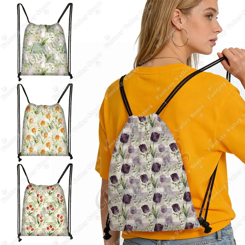 

Watercolor Painting Beautiful Folwer Tulips Graphic Pattern Backpack for Travel Drawstring Bag Large Storage Bookbag Shoe Holder