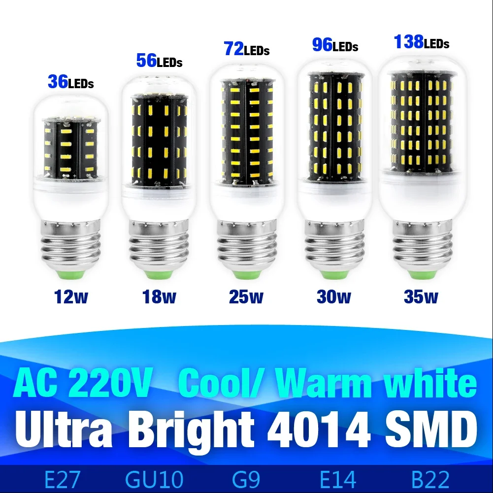 12/18/25/30/35W SMD 4014 Corn Light Bulb E27 E14 B22 G9 GU10 220V LED Lamp Chandelier Lighting