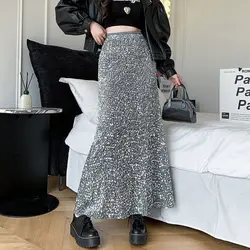 New Pleuche Sequined Spring Autumn Woman Clothing Elastic Waist Skirt High Waist Fashion Nightclub Girl Y2K Vintage Midi Skirts