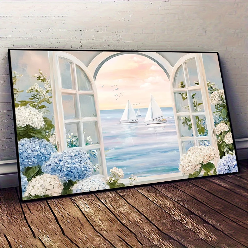 Art print coastal hydrangea: painting by the sea, sailboat, Modern Home Living Room, Cottage decor,In door Posters, No Frame