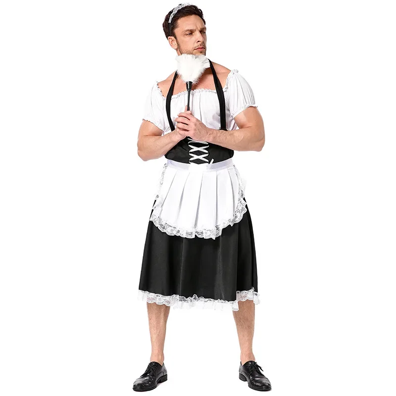 Französisch Gothic Maid für Männer sexy Schlinge schwarz weiß Lolita Kleid setzt Uniform Butler Halloween Cosplay Kostüm Kellner Bühnen tuch