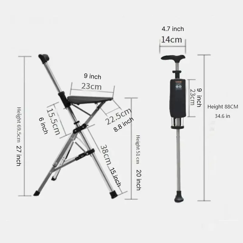 2-in-1 Cane Chair with Seat, Folding Stool for Elderly, Portable Mobility Aid with One Button, Open and Close Walking Cane Chair