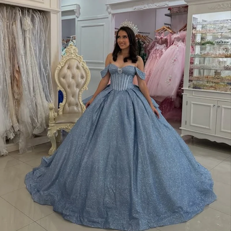 

Customized Shiny Grayish blue Quinceanera Dresses Off the Shoulder crystal applique Long tail Bow Vestido 15 Quinceanera