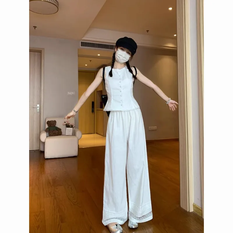

Women's Lace Trim Vest Wide Leg Pants Two Piece Set Casual White Outfit