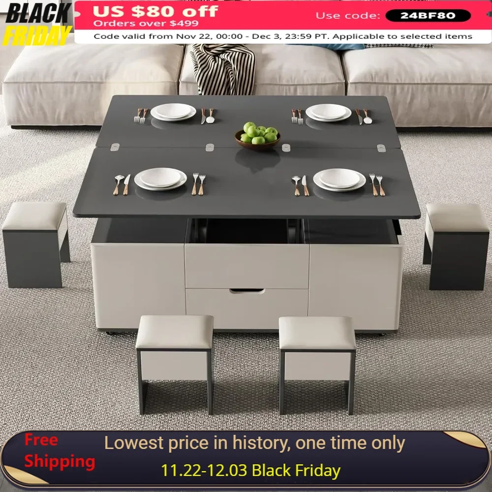 Coffee Table with 4 Stools, Center Tables with Hidden Storage, Space-Saving Sofa Tables, Lift Top Coffee Table