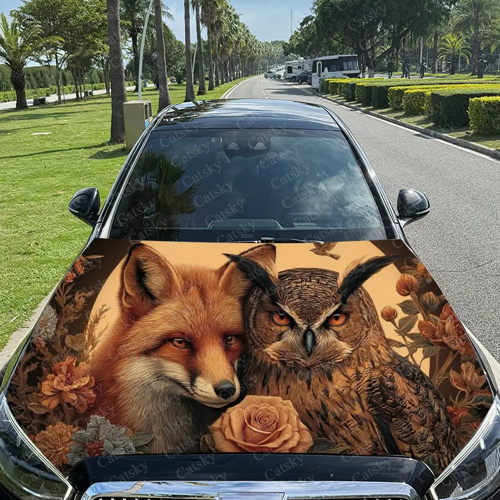 

Виниловая пленка для автомобиля с лисой, совой и цветочным принтом, водонепроницаемая наклейка на капот автомобиля из ПВХ, самоклеящиеся устойчивые к царапинам наклейки для E