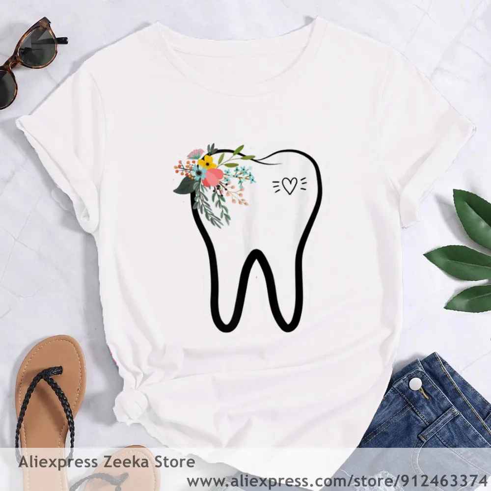 

Tooth and Dentist Graphic Aesthetic Women Funny Print Ladies T-shirt Girl Y2K Harajuku Basis O-collar White Shirt Short