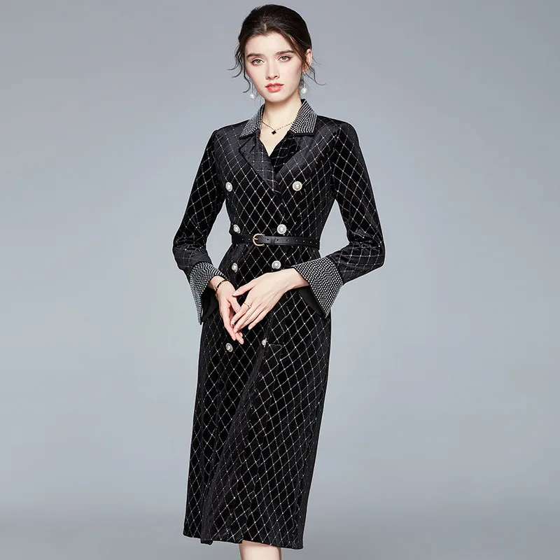 Women new suit collar double-breasted dress drill bead velvet trench coat