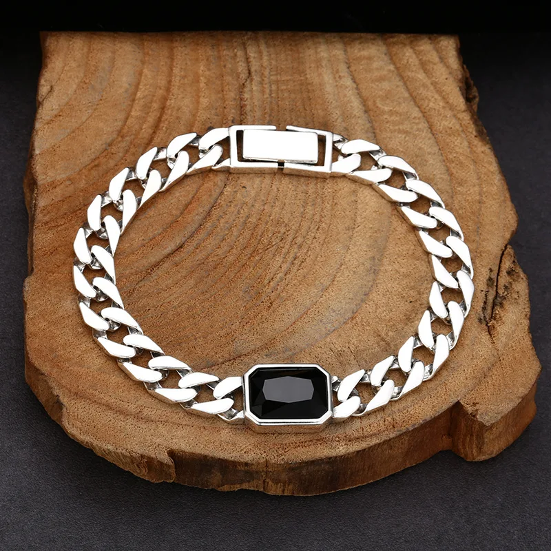 925 Sterling Unisex Style Stone-Embellished Smooth Cuban Bracelet, Thai Silver Vintage Jewelry