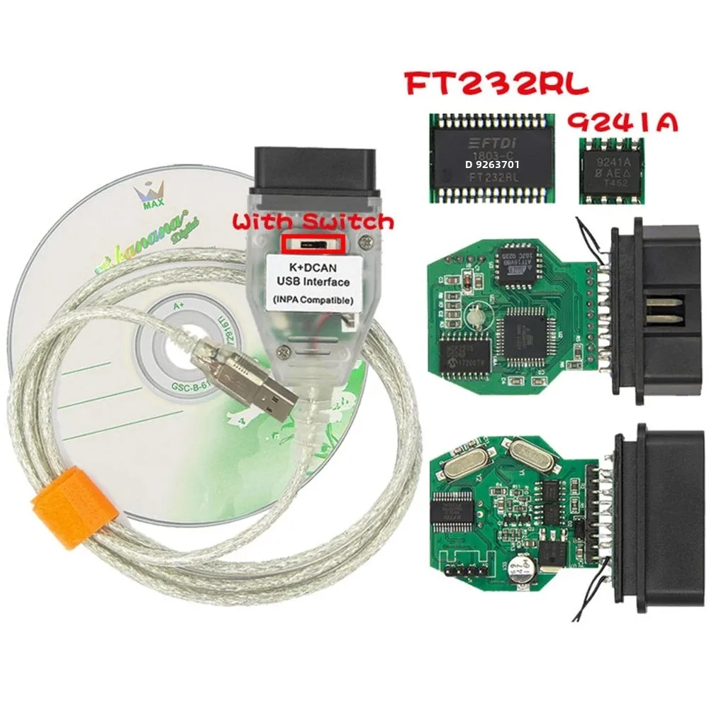 INPA for BMW E chassis diagnostic line K+DCAN FT232RL with S With switch OBD II 16PIin Male Connector To USB Cable