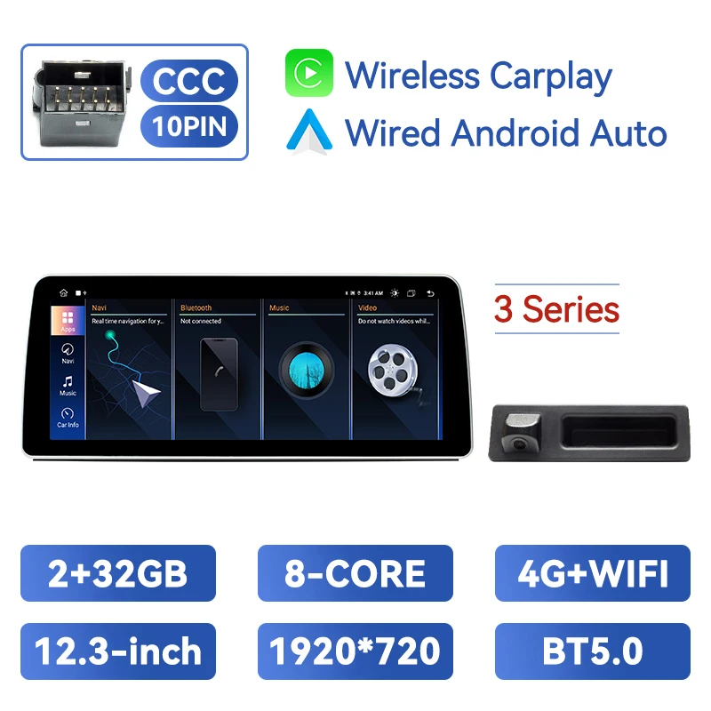 Draadloze Carplay 1920*720P 12.3Inch Android 14 Auto Multimedia Speler Voor Bmw 3/5Serie E60 E61 E90 E91 E92 E93 Ccc Cic 8Core Dsp
