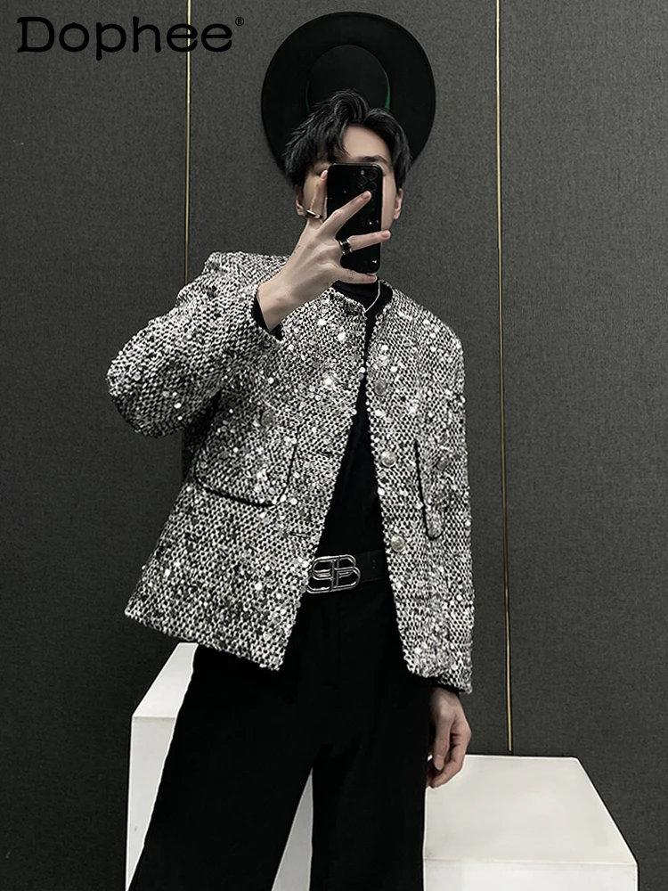 Fashion 2023 Autumn Winter New Sequined Short Coats Men's High-End Shiny Long Sleeve Single-Breasted Trendy Male Jacket Tops