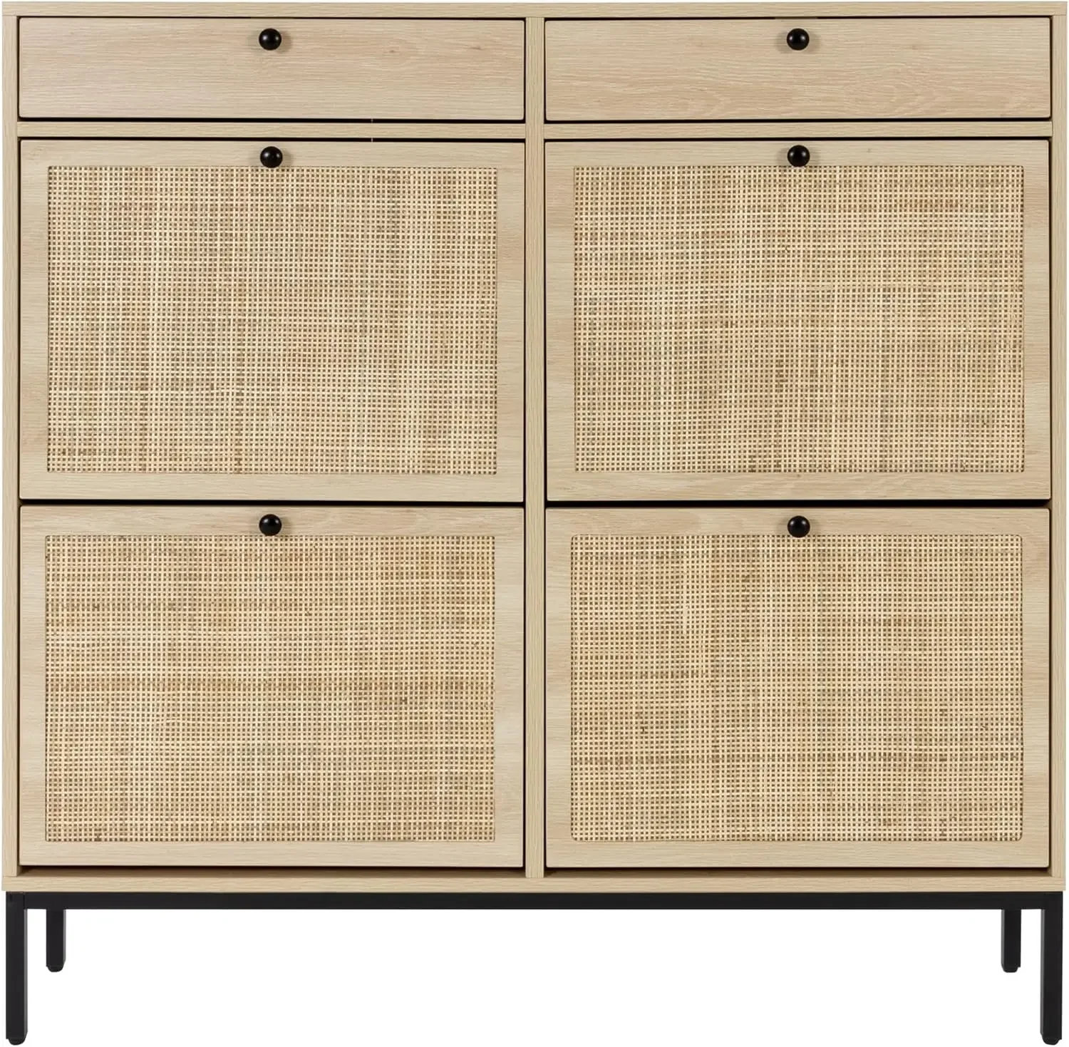 XIAO WEI Shoe Cabinet, Large Natural Rattan Shoe Storage Organizer Cabinet with 4 Flip Drawers, Freestanding Shoe Rack with Adju