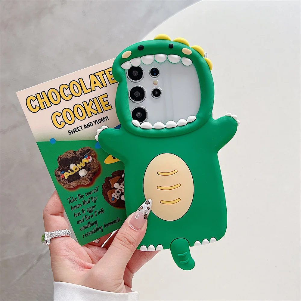 Funny Cute Green Big Mouth Dinosaur Phone Case for 17 Pro Max Cartoon Squishy Soft Silicone Protective Cover for iPhone 16 15 14