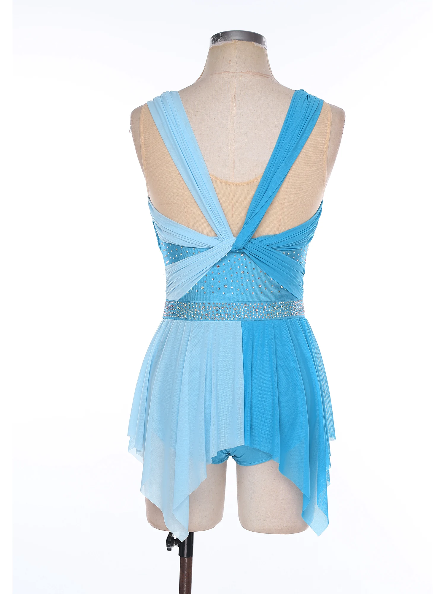 Abito da ballo moderno da donna Costume da spettacolo di pattinaggio di figura Abito in tulle asimmetrico a rete trasparente Body da danza classica lirica