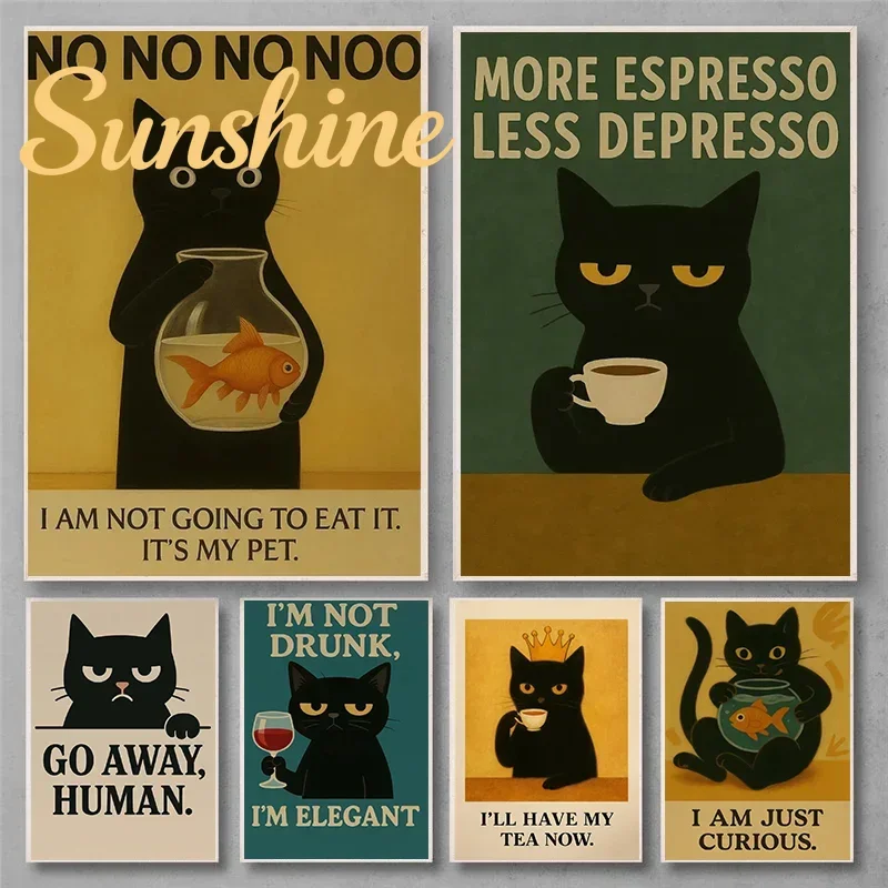 (No frame)Funny Bathroom Cat Poster Black Kitten Print Gift for Her Coffee Kitty Wall Art Trendy Artwork Espresso Bar and Hom