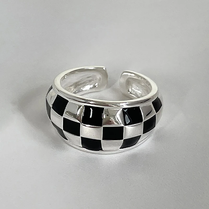 FOXANRY Minimalist Silver Color Couples Rings for Women Fashion Creative Black White Plaid Geometric Party Jewelry Gifti