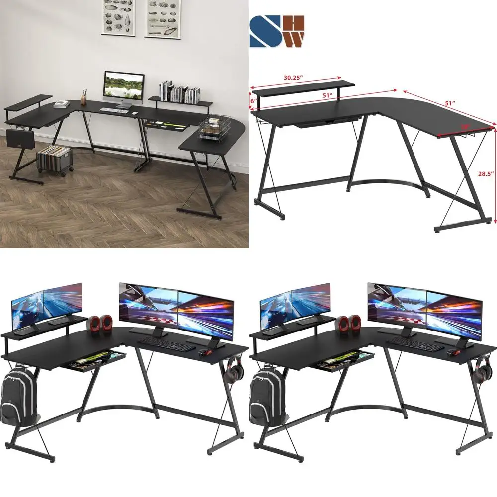 

Black 51 L-Shaped Desk with Monitor Stand and Drawer, 51 x 51 Vista Series