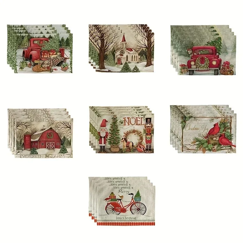 Leinen-Tischsets mit Weihnachtsmotiv, roter LKW-Weihnachtsbaum, doppelseitig bedruckte Küchen-Tischsets, Tischdecken, Dekorationen