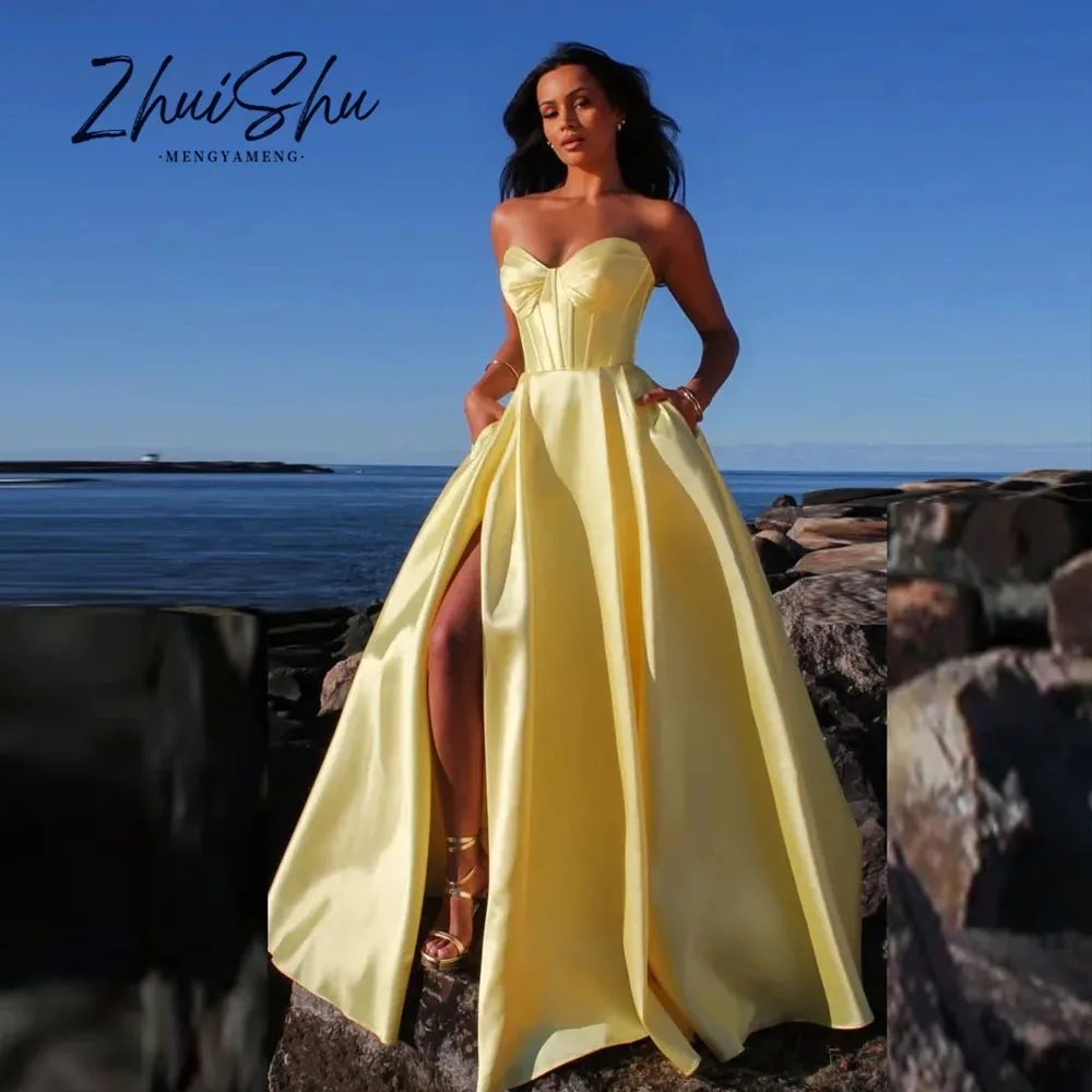 Yellow Sweetheart A-Line Evening Dresses High Pork Silk Satin Long Elegant Prom Dresses Customized For Party robe de soirée