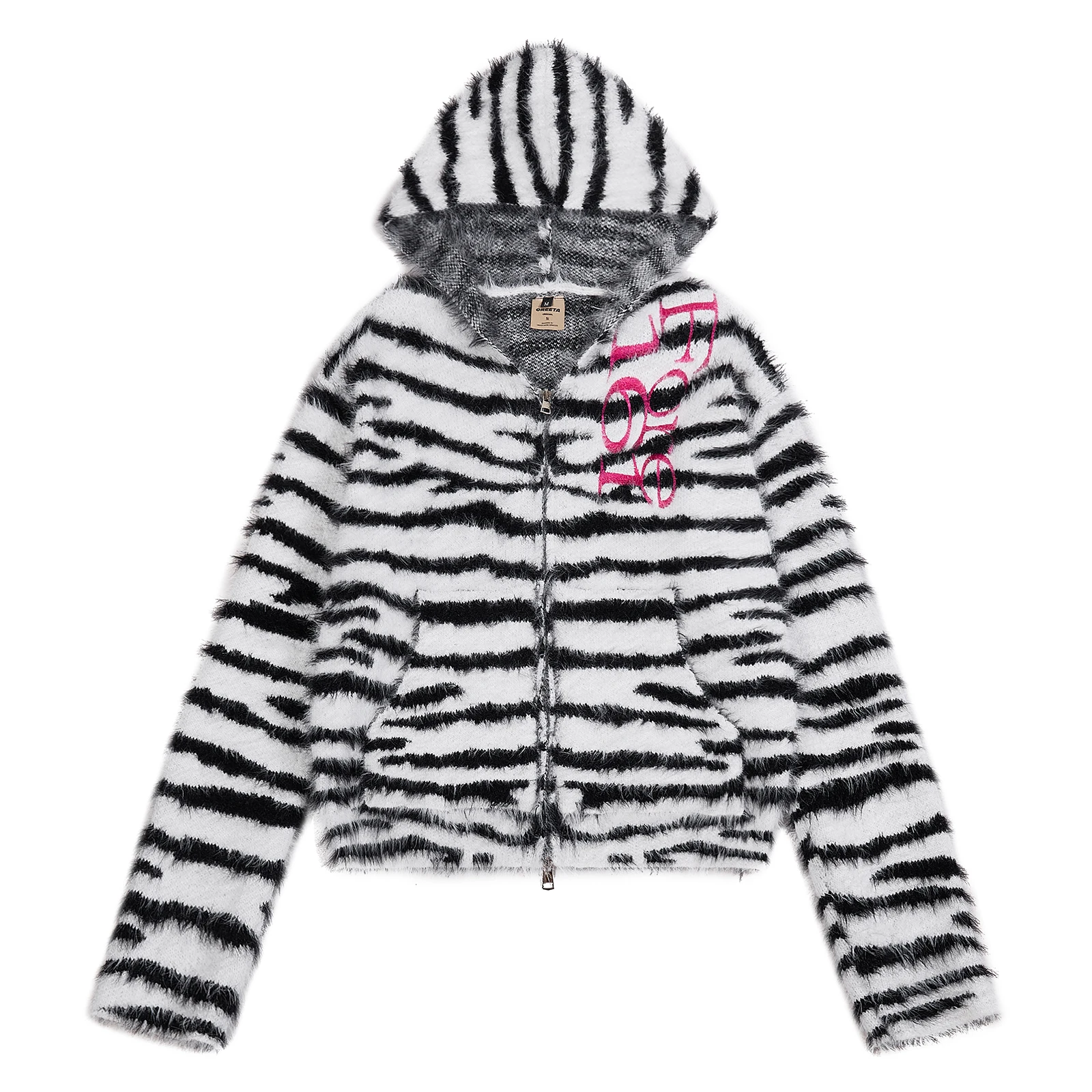 Zebra Print Black White Striped Zip Up Jacket Men's Sherpa Faux Fur Coat Hooded Fleece Full Zipper Cardigan Cropped Streetwear