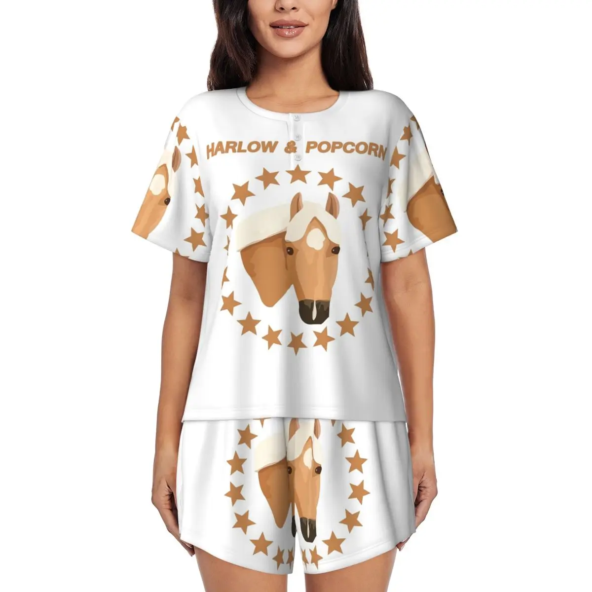 

Harlow And Popcorn Merch Popcorn The Pony 1 Round Neck Short Sleeve Nightgowns for Sleeping Women Loose Pajama Set Short Pants