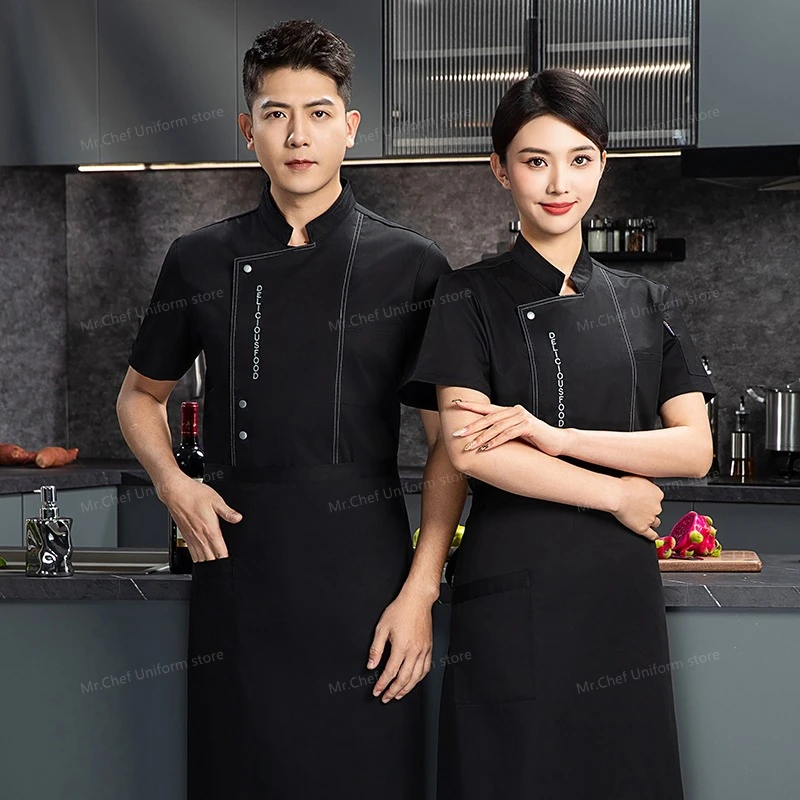 Zomer wit korte mouw uniform koksbuis heren werkkleding logo chef-kok shorts ademend restaurant keuken chef-kok jas schort