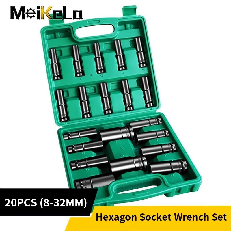 Meikela 20PCS 1/2Inch Socket Wrench Set Hexs Socket Head 8~32mm Sleeve Drive Hand Tool Electric Impact Wrench Socket Accessories