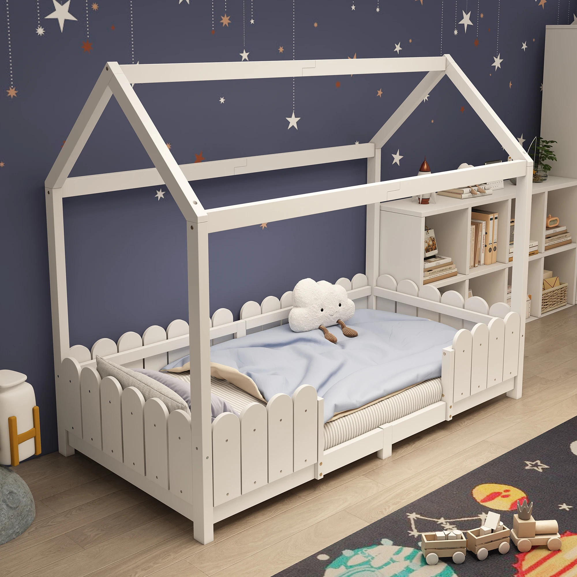 Litenfant 90x200 cm - Lit cabane avec barrières et sommier inclus, structure en bois de pin, sans matelas, blanc