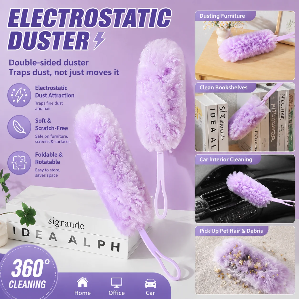 Electrostatic Microfiber Duster Double Sided Dust Cleaning Brush Pet Hair Remover Furniture Cleaner Home Office Car Tool