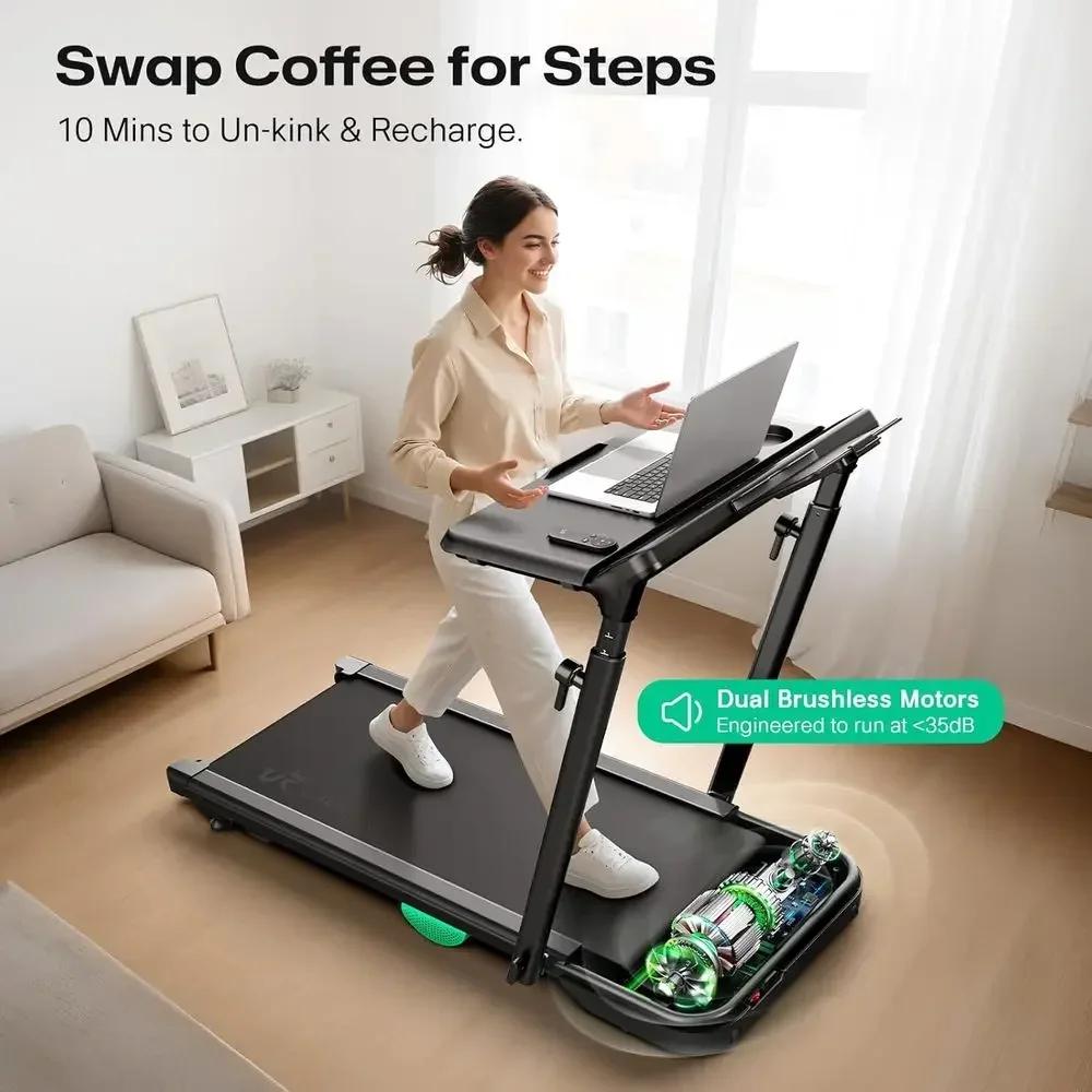 Compact Dual Motor Treadmill with Adjustable Handle, 14-Point Shock Absorption, Multi-Functional Workstation, Home Walking Pad