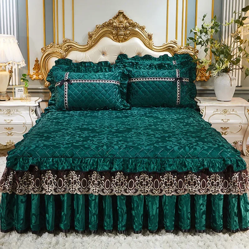 Faldas de cama de encaje de terciopelo, Clip de algodón grueso, colcha de estilo europeo, colchón, funda protectora antideslizante, ropa de cama, Otoño e Invierno