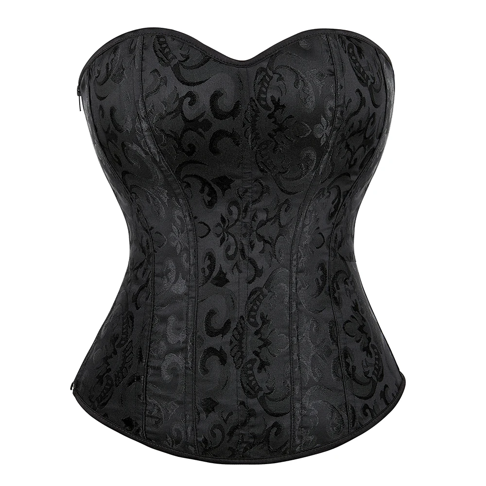 Side Zipper Overbust Corset Lace Up Boned Bustier Top Jacquard Black Korset Gothic Women Corselet