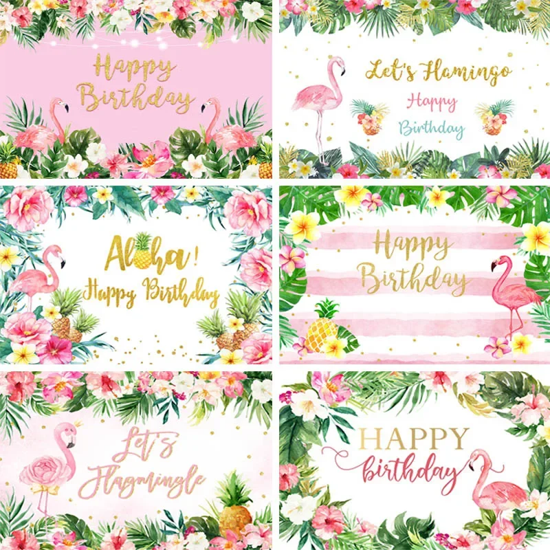 

Summer Flamingo Birthday Backdrops Tropical Flowers Fruit Leaves Glitter Photography Background Aloha Luau Beach Party Decor