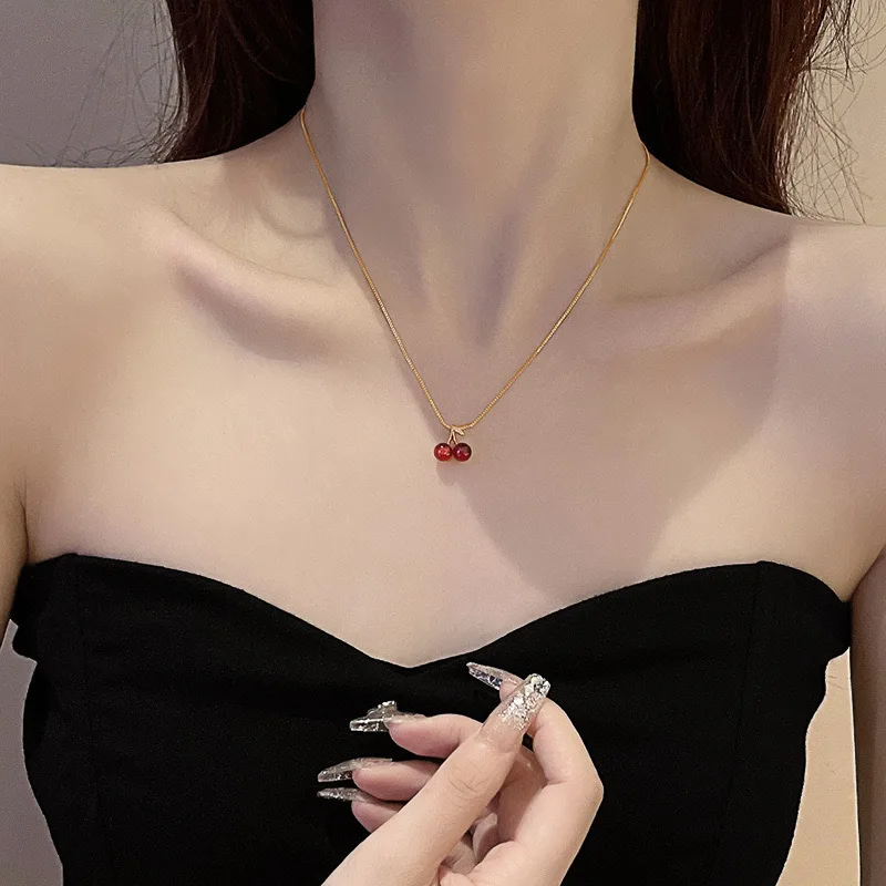 Red Cherry Necklace for Women Korean Luxury Pendant Necklaces Temperament Clavicle Chain Accessories Alloy Female Jewelry Gifts