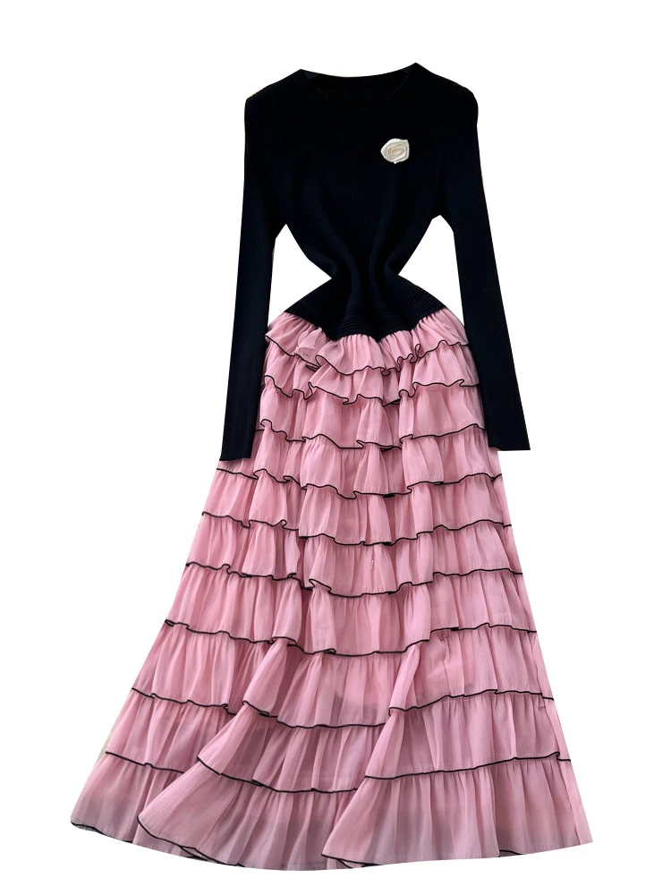 Vestido E de Manga Longa em Camadas Tricotado para Mulheres, Saia A-Line de Cintura Alta, Estilo Luxuoso para o Dia a Dia