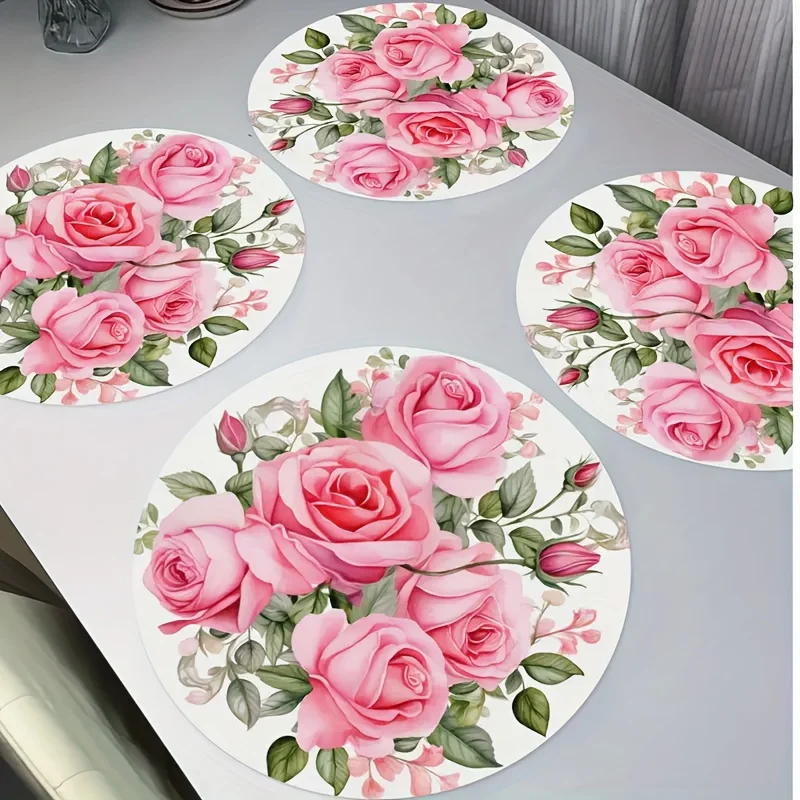 VIKAMA 4 قطعة مفارش مستديرة أنيقة باللون الوردي الوردي قابلة للغسل في الغسالة لعيد الحب وعيد الأم وغرفة الطعام مفارش ديكور