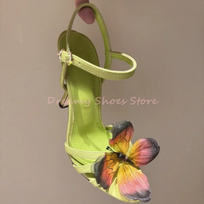 

Green Blue Butterfly Decor Crystal Stiletto Sandals Women Open Toe Ankle Strap Slingback High Heels Fashion Party Vacation Shoes