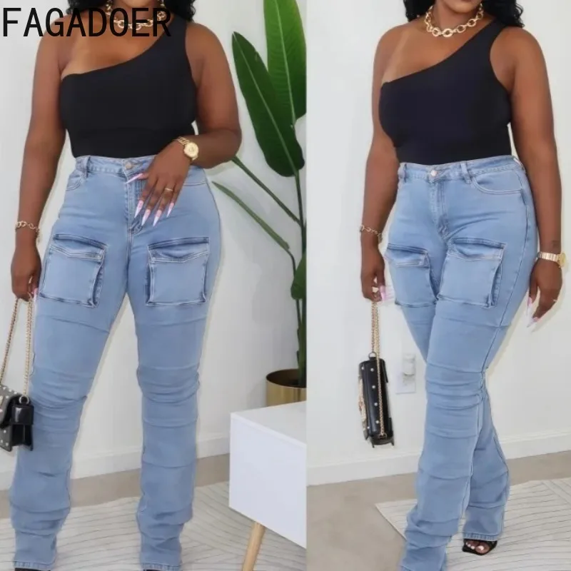 

FAGADOER Fashion Cargo Pocket Patchwork Denim Pants Women Solid High Waist Button Jeans Pants Female Y2K Streetwear Bottoms New
