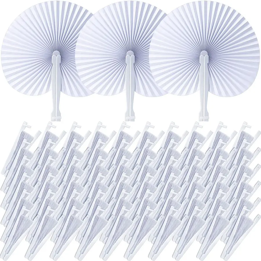 

200 Pieces Wedding Fans Folding Paper Fans Paper Fans Round Shaped Folding Fans Handheld Fan with Plastic Handle for Wedding Cel