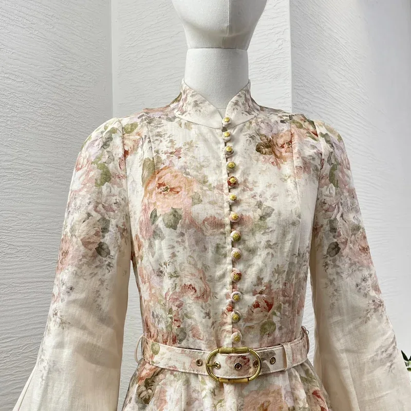 Mini abito da donna Re-tro A con cintura e maniche a lanterna con stampa floreale di alta qualità in puro lino 2025