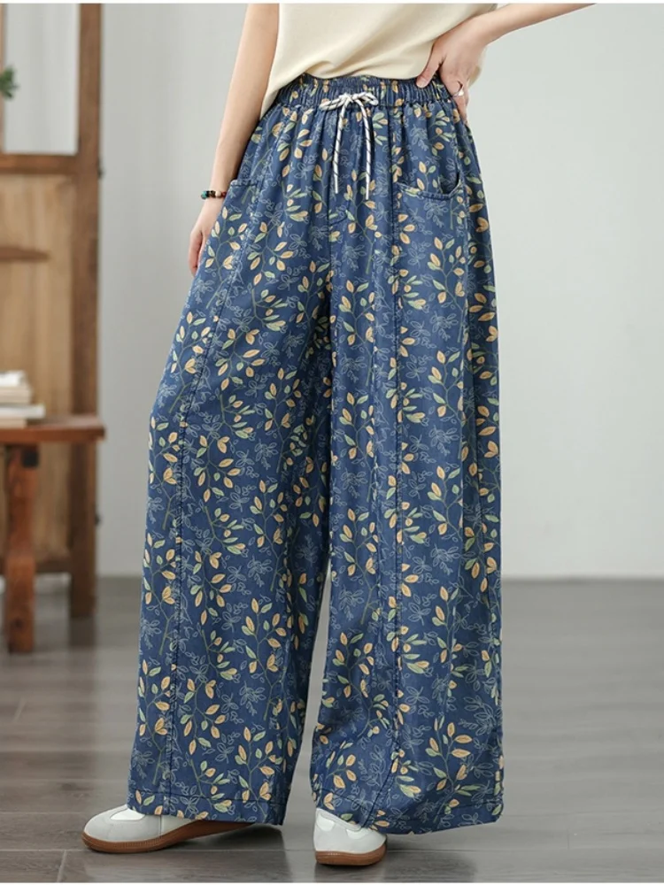 

New Summer Denim Wide Leg Pants With Printed Elastic Waist Loose Slimming Casual Tencel Straight Jeans