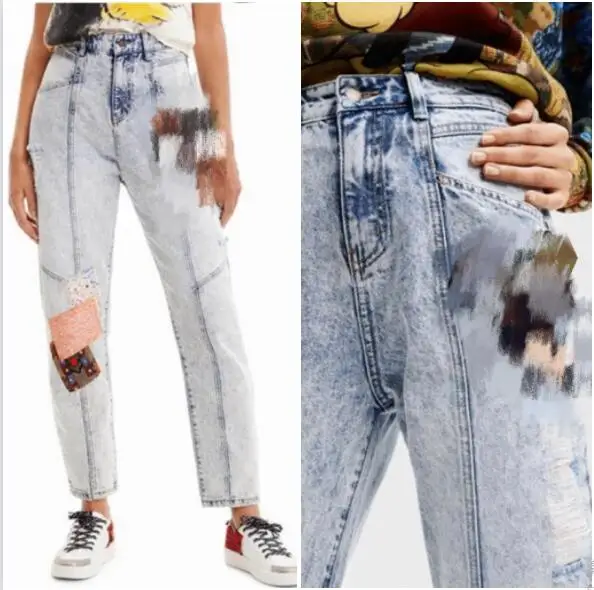 

Foreign trade Spanish new women's jeans with holes, sand-washed elastic slim fitting embroidery, printed pencil pants