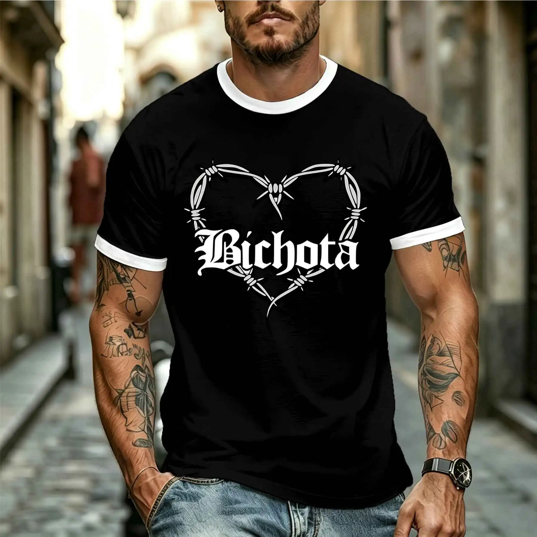 2026 new model Tee Stylish Comfortable Men's Trendy Barbed Heart Bichota Print Short Sleeve T-Shirt Street Style Casual Crew Nec