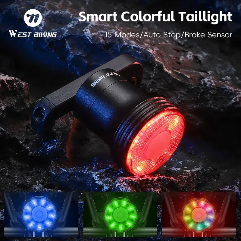 WEST BIKING Bicycle Brake Tail Light Intelligent Automatic Start Stop Colorful 15 Lighting Modes Rear Light MTB Accessories