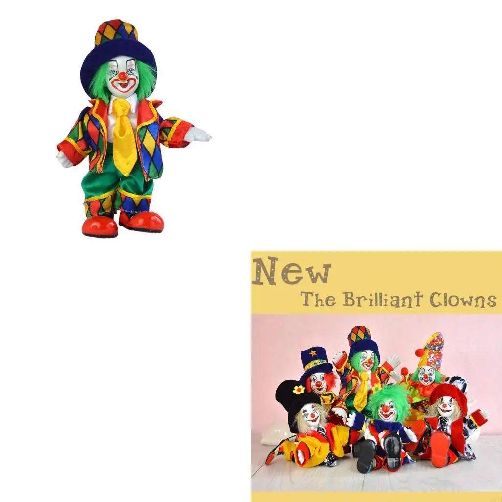 

Cheerful Porcelain Clown Figurine Doll Desktop Ornament with Fashion Costume Nostalgic Tabletop Shelf Display Decors