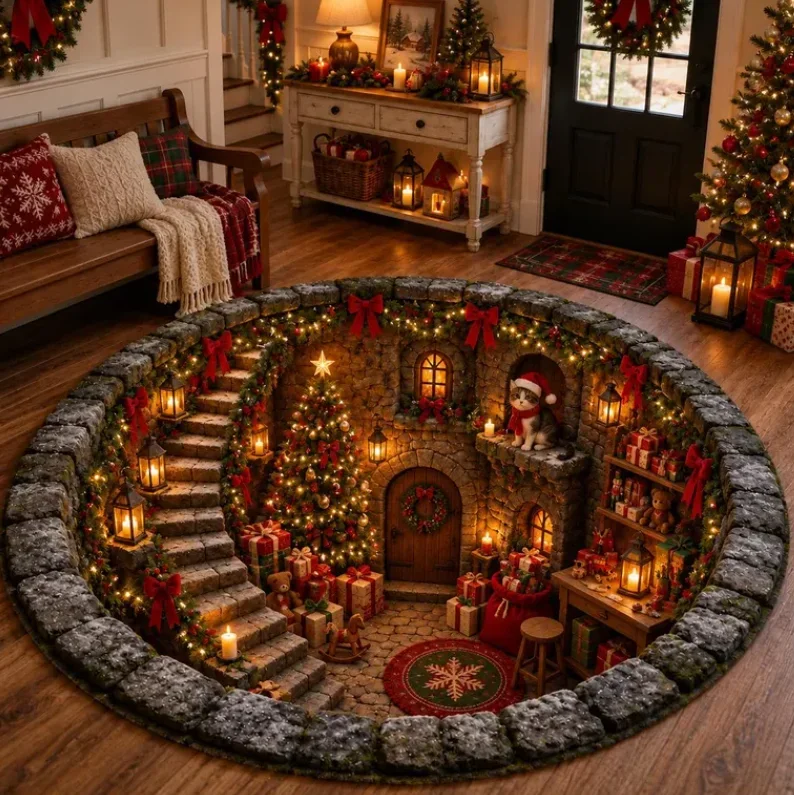 Christmas 3D Round Rug, Santa Workshop Floor Mat Illusion Holiday Rug Cozy Cat Christmas Decor, Festive Home Accent, Gift 2026